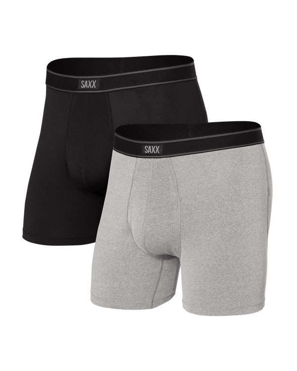 Front of Daytripper Boxer Brief Fly 2 Pack in Black/Grey Heather