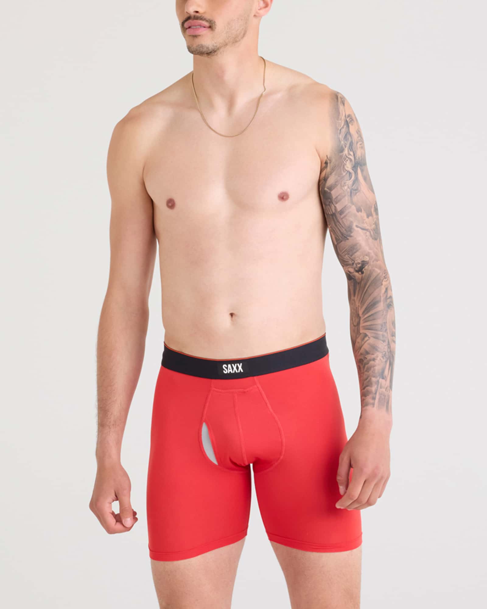 Front - Model wearing Multi-Sport Mesh Boxer Brief Fly 2 Pack in Sunset Red/Black