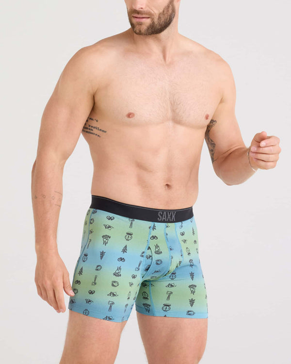 Front - Model wearing Quest Quick Dry Mesh Baselayer Boxer Brief Fly 2 Pack in Camp Ombre/Black