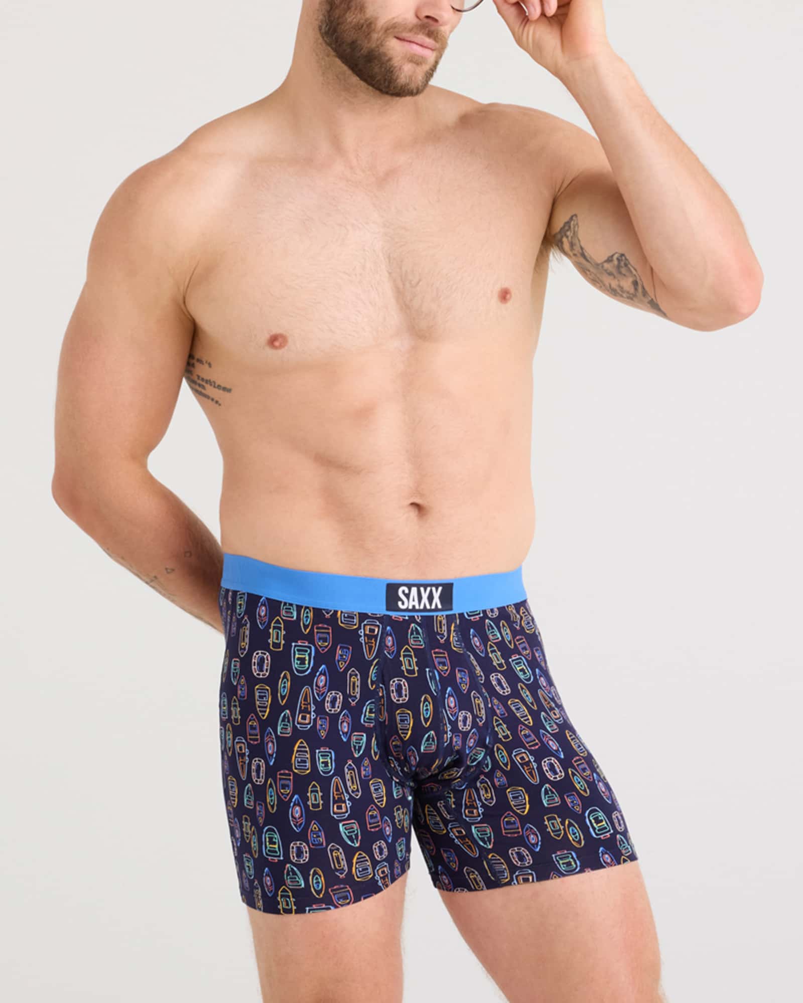 Front - Model wearing Ultra Super Soft Boxer Brief Fly 2 Pack in Bunch O' Boats/Maritime