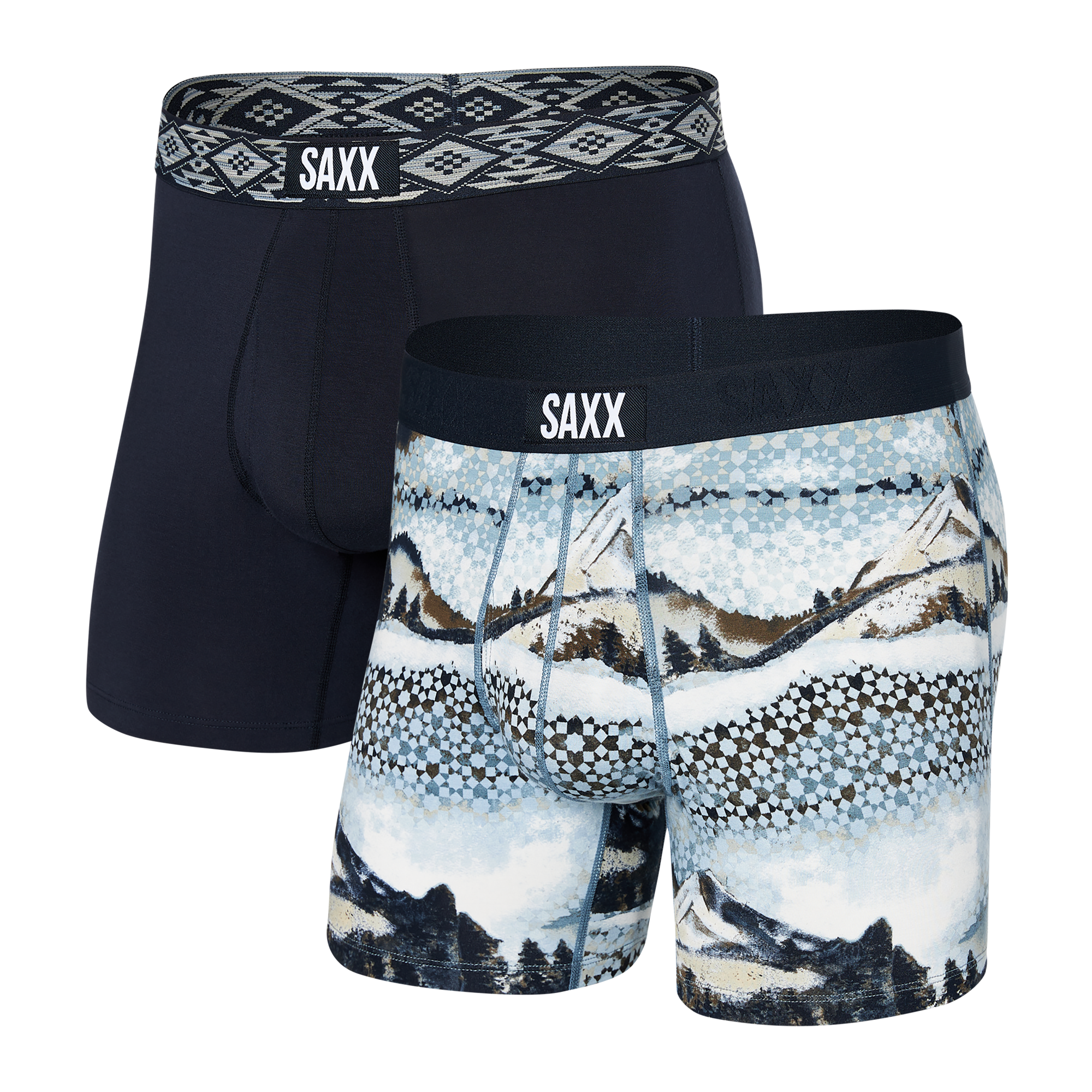 Front of Ultra Super Soft Boxer Brief Fly 2-Pack in Foggy Mountains/Dark Ink Asher Waistband