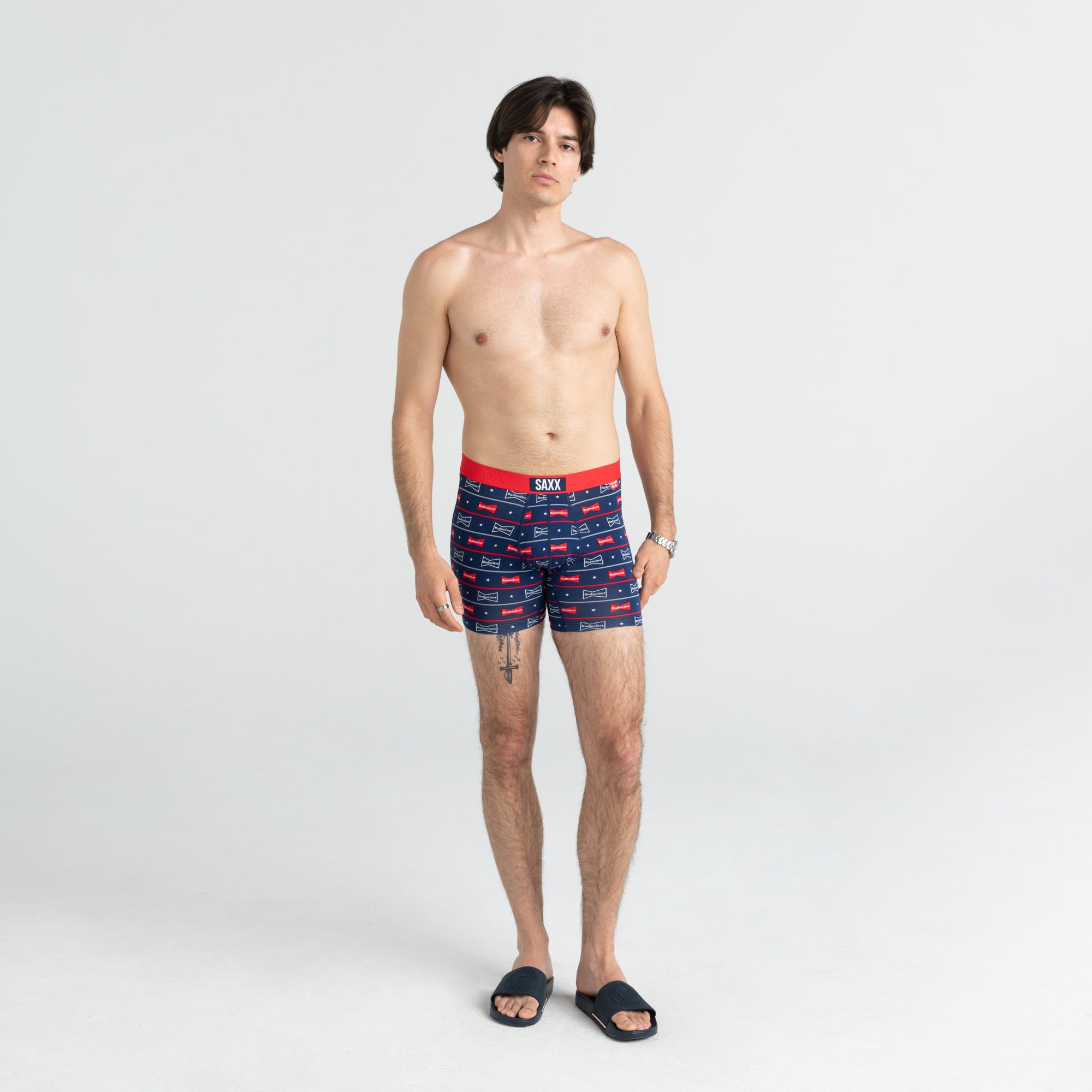 Front - Model wearing Vibe Boxer Brief 2 Pack in Starry Stripe/Premium Red