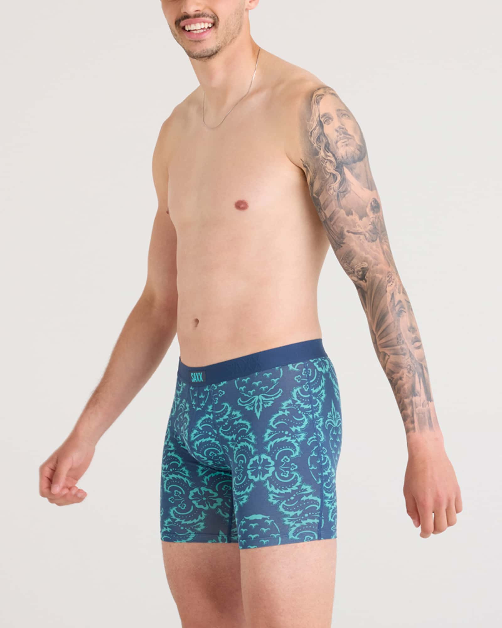 Front - Model wearing Vibe Xtra Boxer Brief Fly 2 Pack in Pineapple Brocade/Black