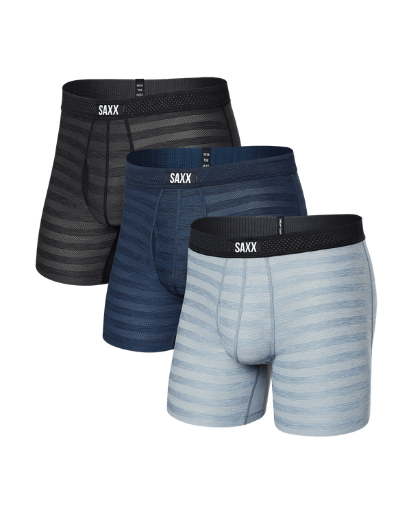 Front of Droptemp Cooling Mesh Boxer Brief Fly 3 Pack in Black/Dark Denim/Grey