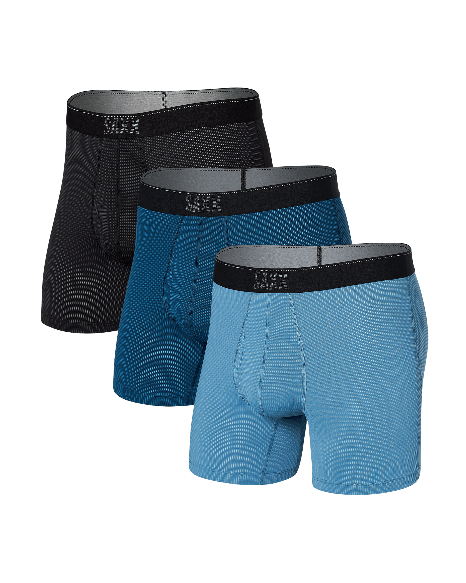 Front of Quest Quick Dry Mesh Boxer Brief Fly 3-Pack in Slate/Anchor Teal/Black