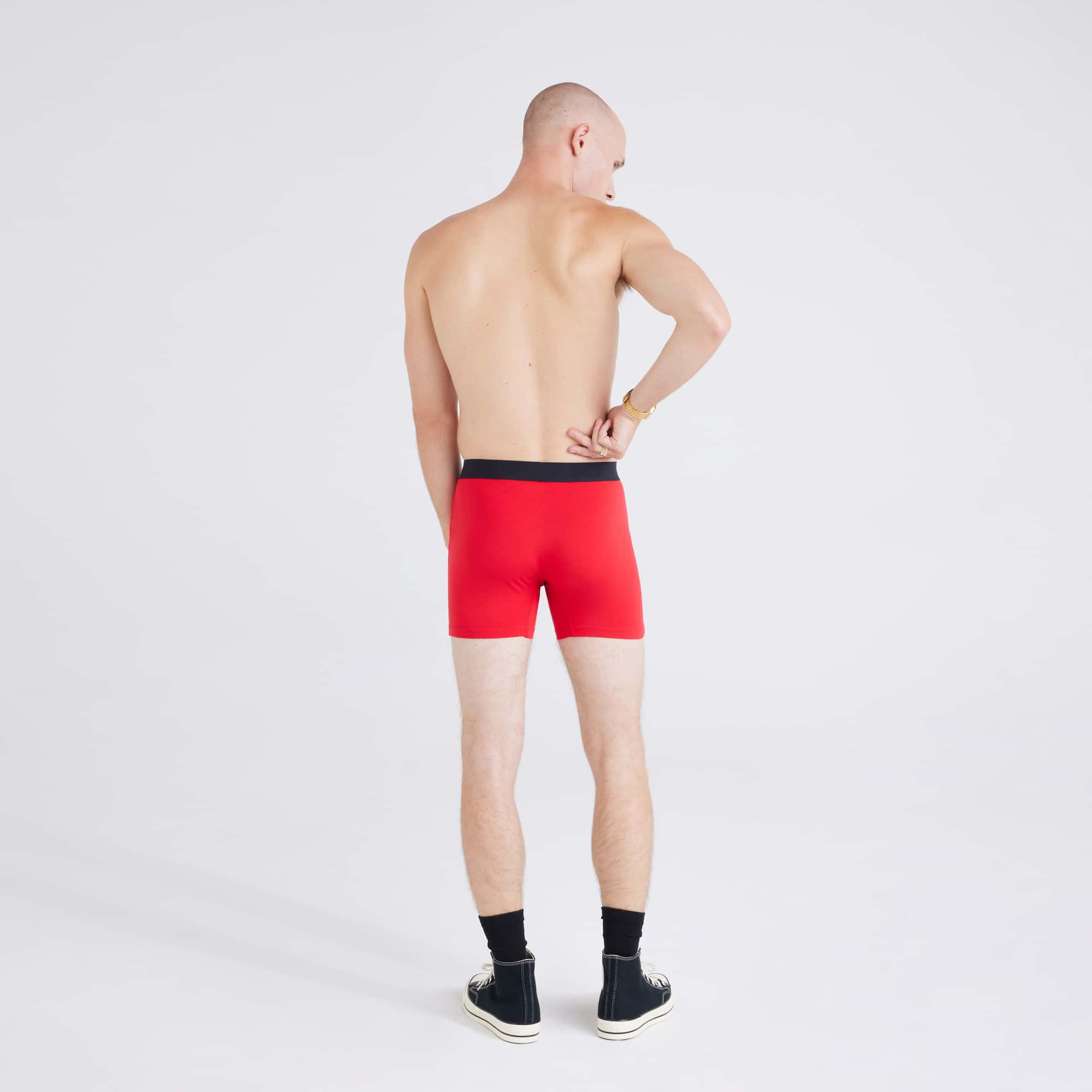 Back - Model wearing Ultra Super Soft (3 Pack) Boxer Brief in Snowflake/Cherry/Black