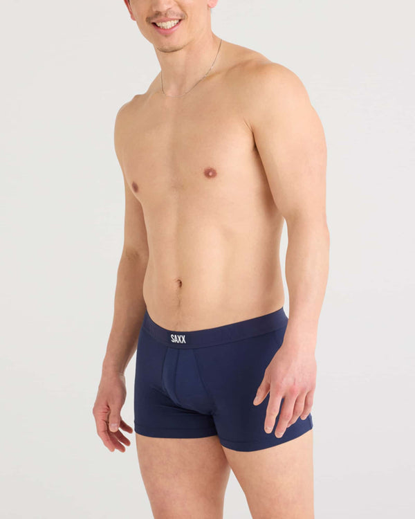 Front - Model wearing Vibe Xtra Trunk Fly 3 Pack in Black/Dark Grey Heather/Navy