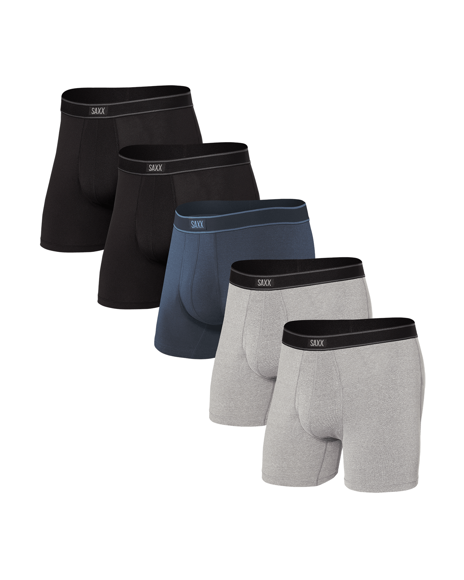 Front of Daytripper Boxer Brief Fly 5Pack in Black/Grey/Navy