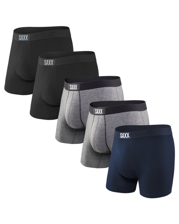 Front - Model wearing Vibe Boxer Brief 5Pack in Black/Grey Htr/Navy