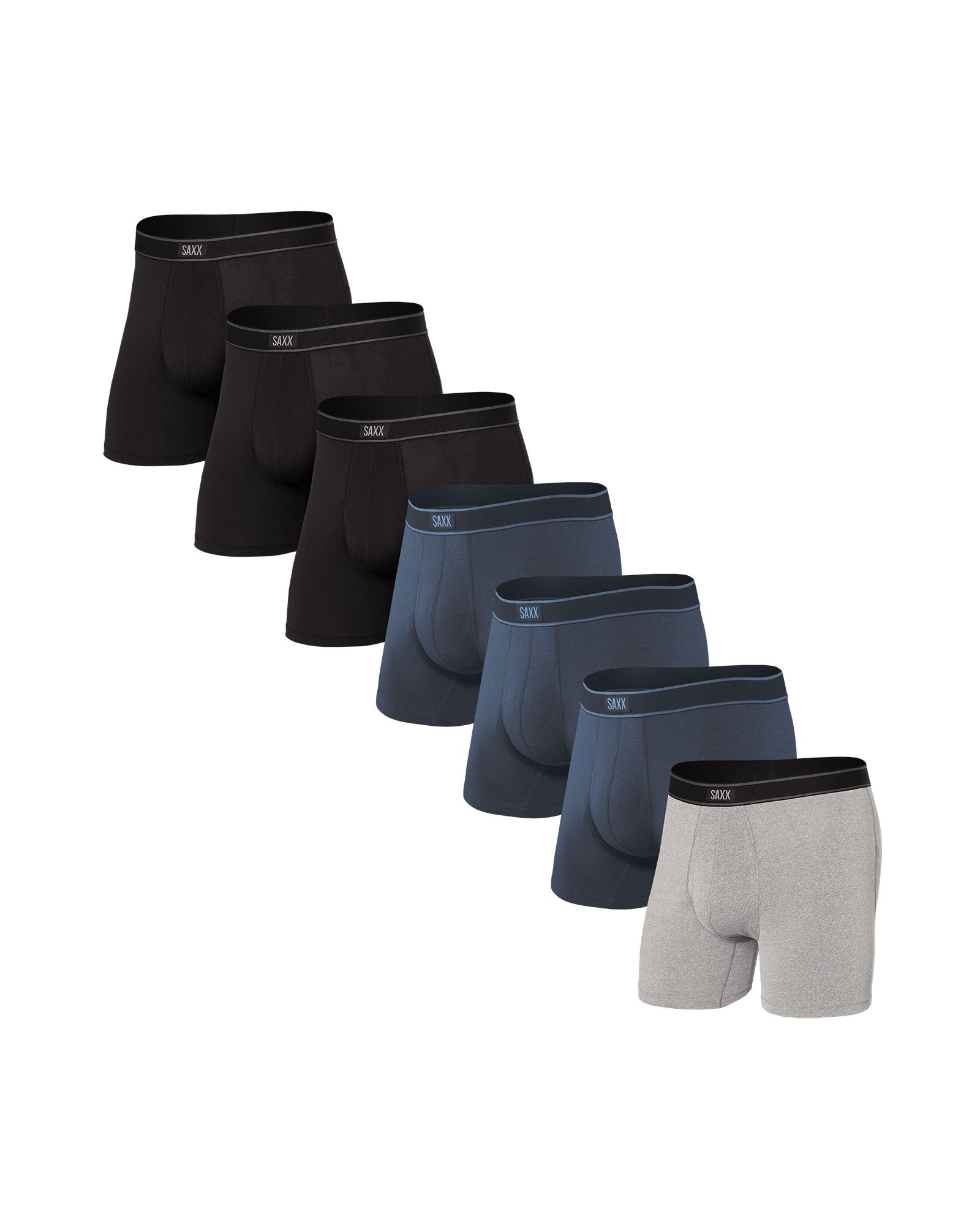 Front of Daytripper Boxer Brief Fly 7 Pack in Black/Grey/Navy