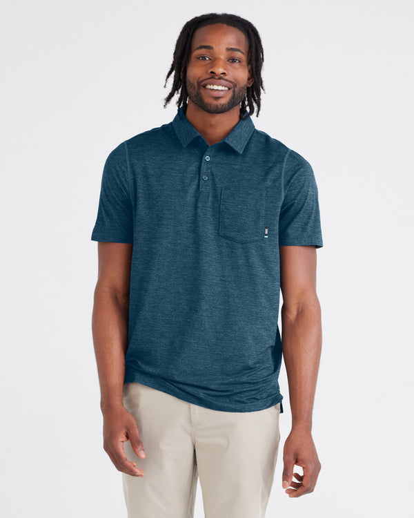 Front - Model wearing Droptemp All Day Cooling Polo in Storm Heather