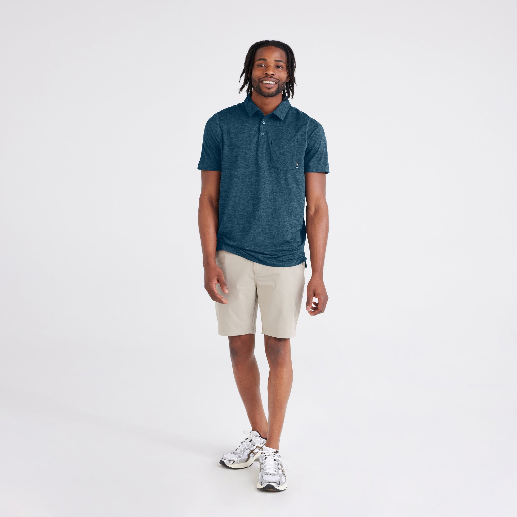 Front - Model wearing Droptemp® All Day Cooling Polo in Storm Heather