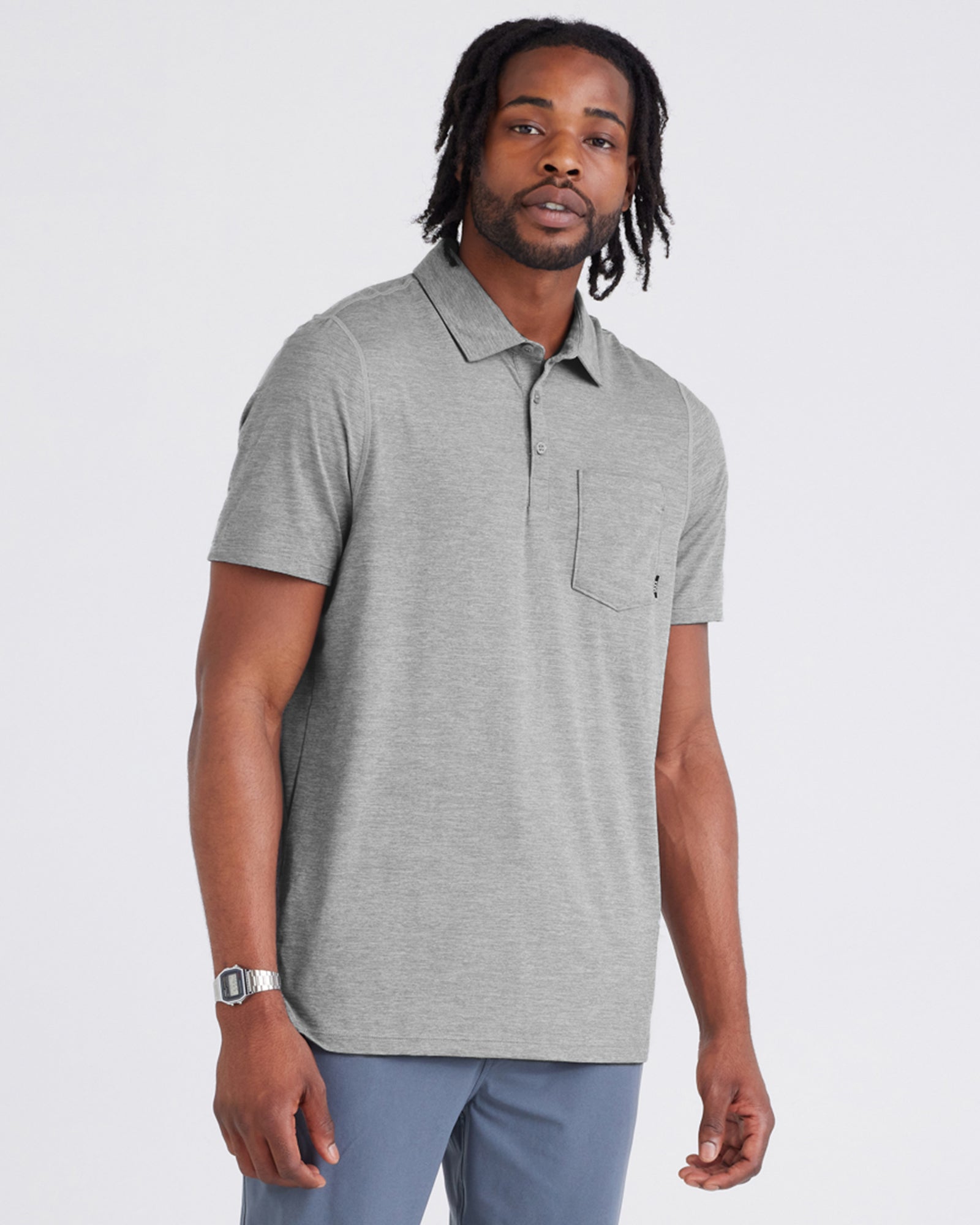 Front - Model wearing  Droptemp® All Day Cooling Polo in Tradewinds Heather