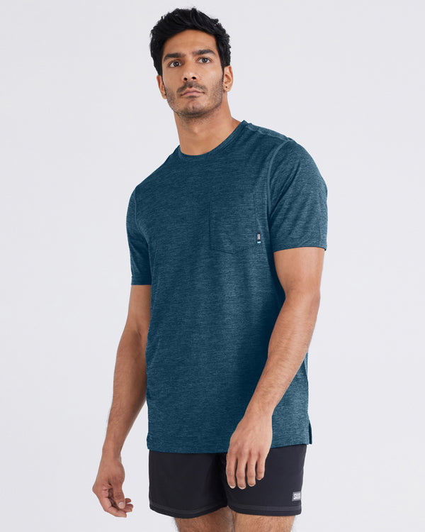 Front - Model wearing  Droptemp® All Day Cooling Short Sleeve Tee in Storm Heather