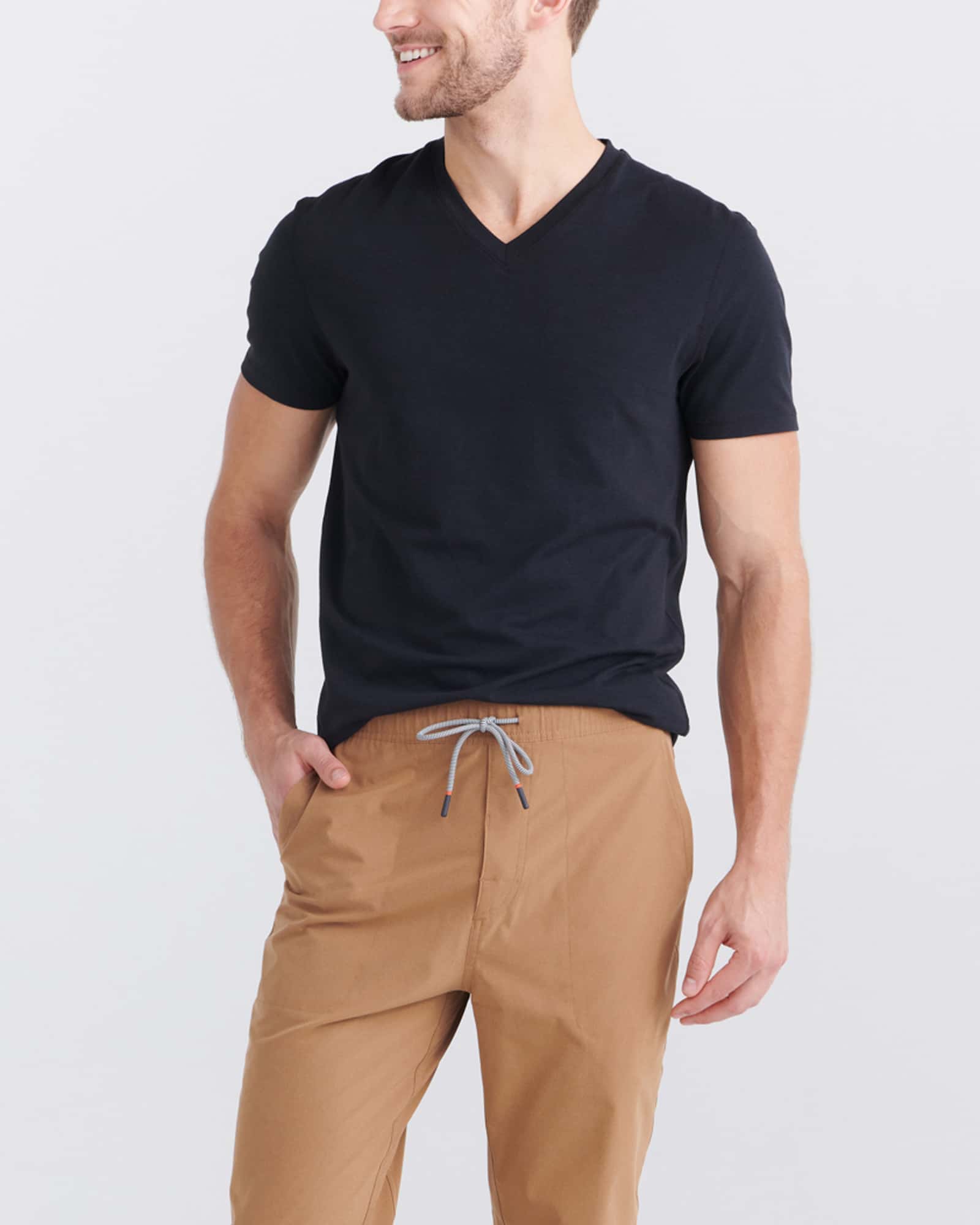 Front - Model wearing Droptemp Cooling Cotton V Neck in Black