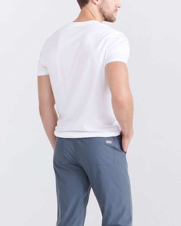 Back - Model wearing Droptemp Cooling Cotton V Neck in White