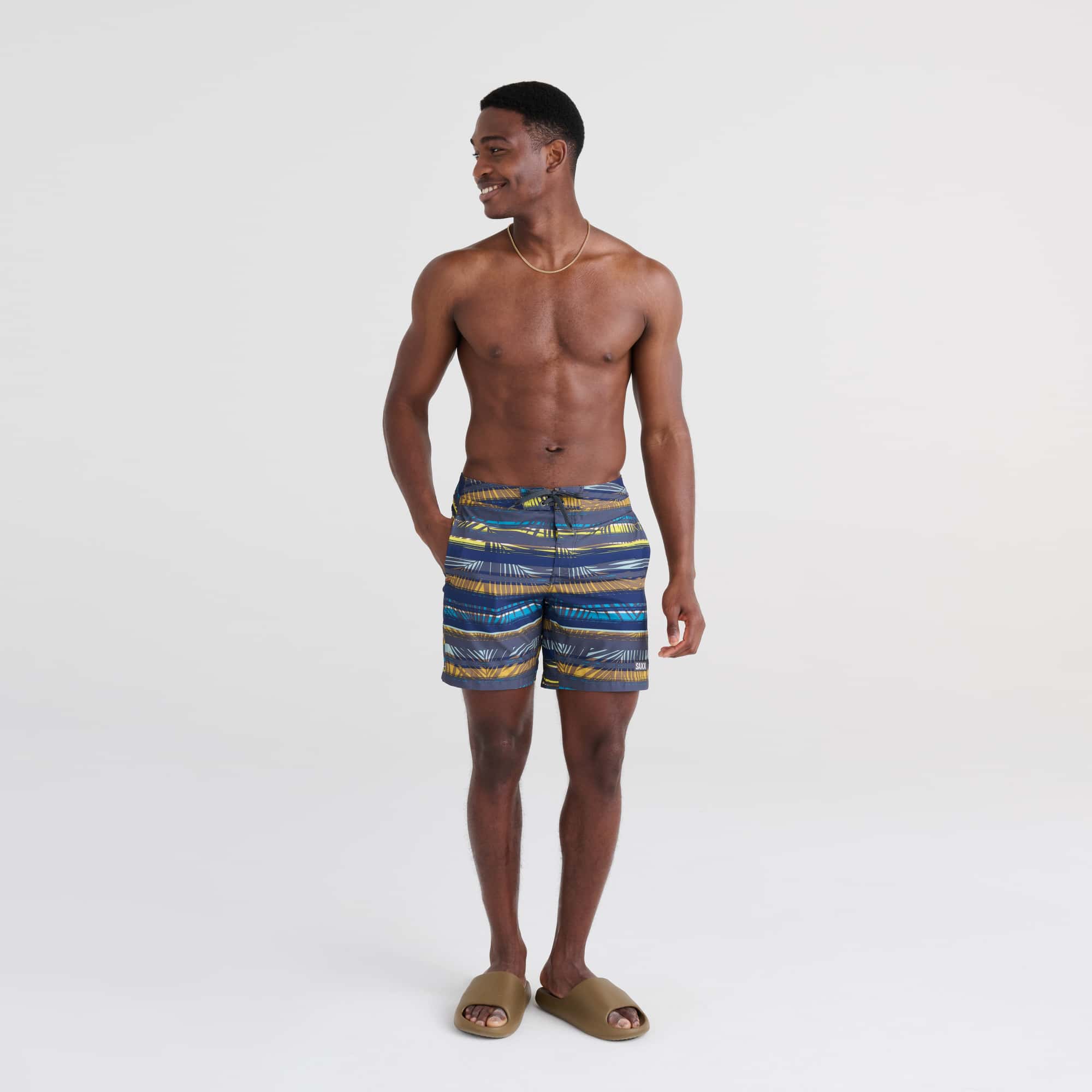 Front - Model wearing Betawave 2N1 Swim Board Short Regular in Shade Stripe- Blue Multi