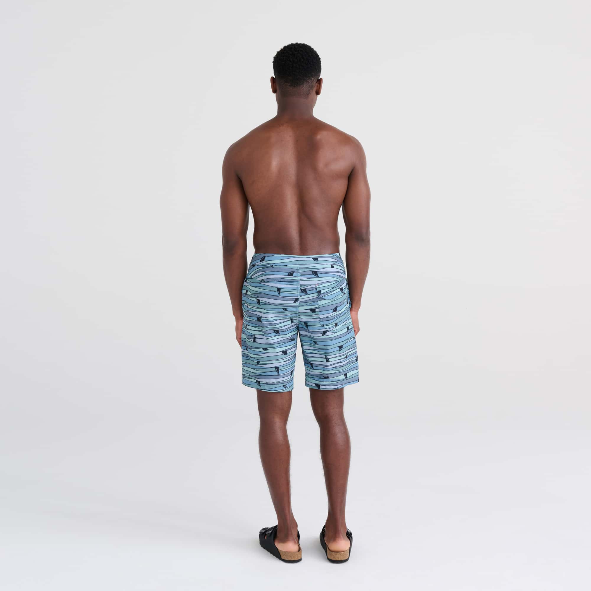 Back - Model wearing Betawave 2N1 Swim Board Short Long in Fins- Blue Multi