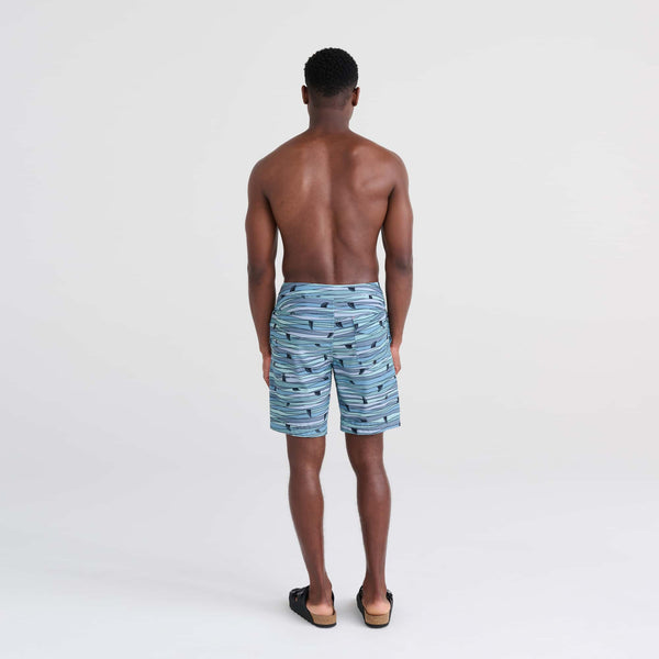 Back - Model wearing Betawave 2N1 Swim Board Short Long in Fins- Blue Multi