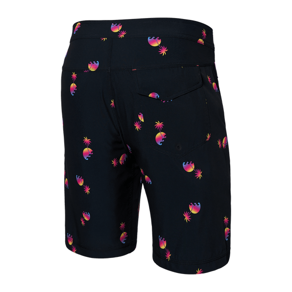 Back of Betawave 2N1 Swim Board Short Long in Sunset Waves- Black