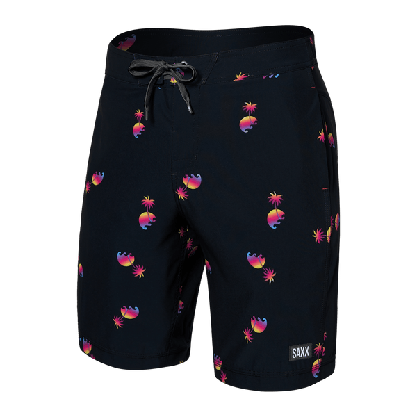 Front of Betawave 2N1 Swim Board Short Long in Sunset Waves- Black