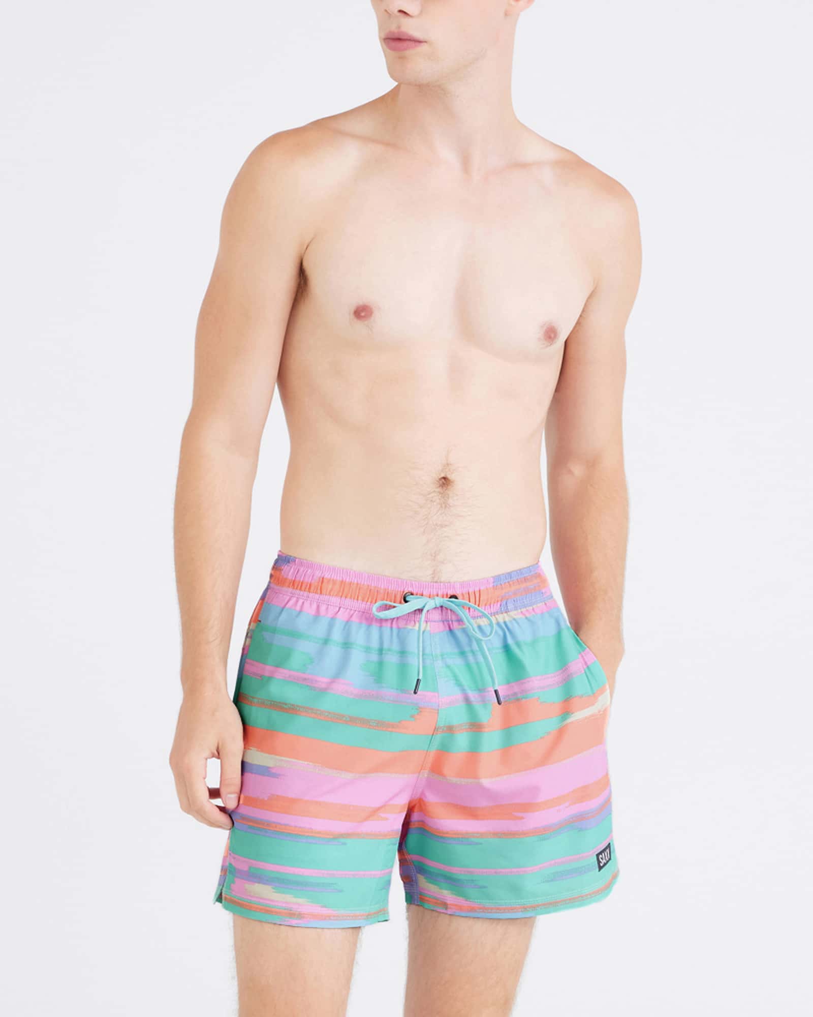 Front - Model wearing Oh Buoy 2N1 Volley 5" in Abstract Stripe-Multi