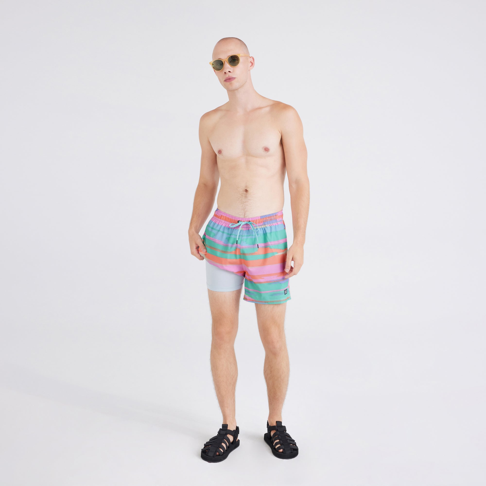 Front - Model wearing  Oh Buoy 2N1 Swim Short Trunk in Abstract Stripe-Multi