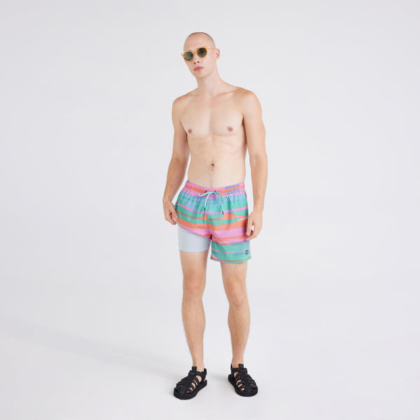 Front - Model wearing  Oh Buoy 2N1 Swim Short Trunk in Abstract Stripe-Multi