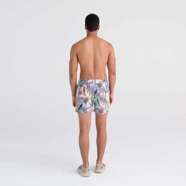 Back - Model wearing Oh Buoy 2N1 Swim Trunk 5" in Aviary- Multi