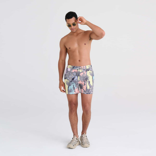 Front - Model wearing Oh Buoy 2N1 Swim Trunk 5" in Aviary- Multi