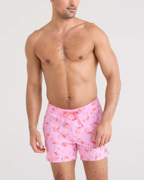 Front - Model wearing Oh Buoy 2N1 Swim Short in Drinko Flamingo-Taffy