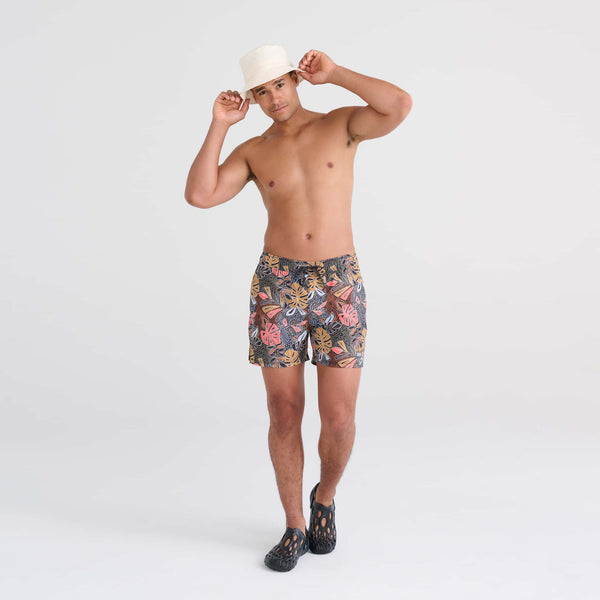 Front - Model wearing Oh Buoy 2N1 Swim Trunk 5" in Desert Palms-Harvest Mlti