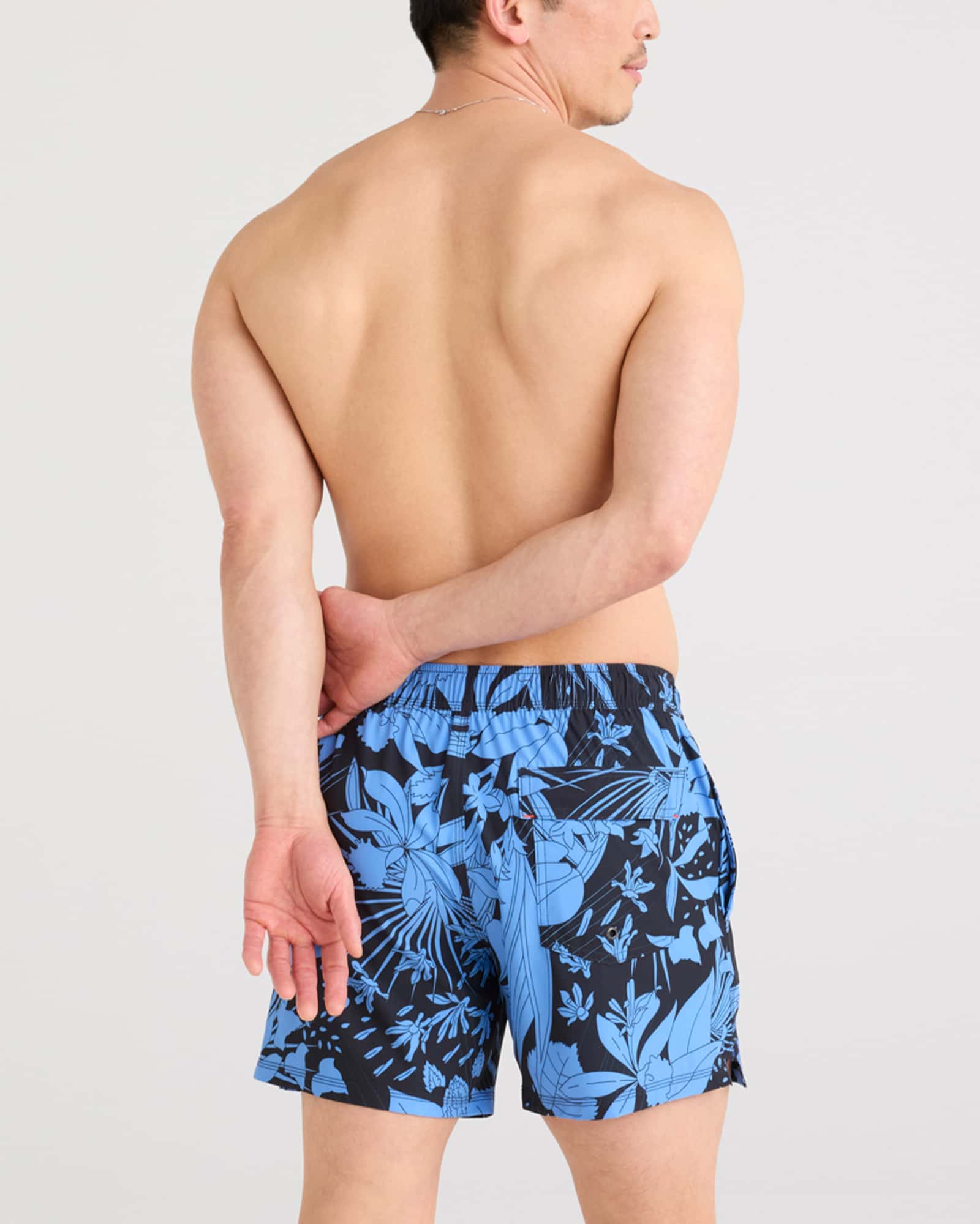 Back - Model wearing Oh Buoy 2N1 Swim Volley 5" in Jungle Noir-Black