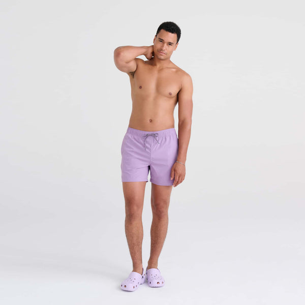 Front - Model wearing Oh Buoy 2N1 Swim Trunk 5" in Purple Haze