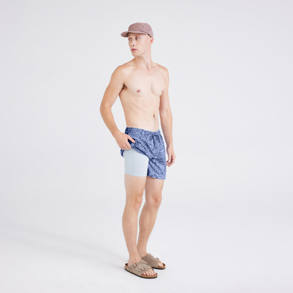 Front - Model wearing  Oh Buoy 2N1 Swim Short Trunk in Tropical Tapa-Lavender