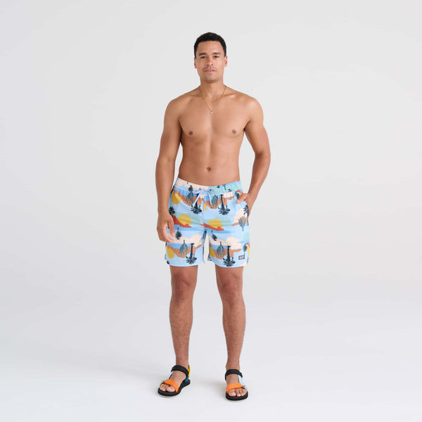 Front - Model wearing Oh Buoy 2N1 Swim Trunk 7" in Baja Bound-Chambray Multi