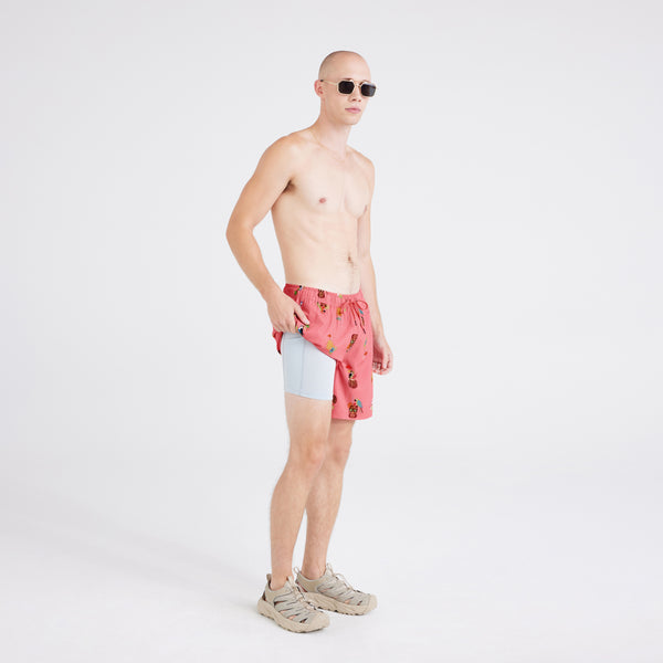 Front - Model wearing  Oh Buoy 2N1 Swim Short Regular in Birds Of Paradise-Coral