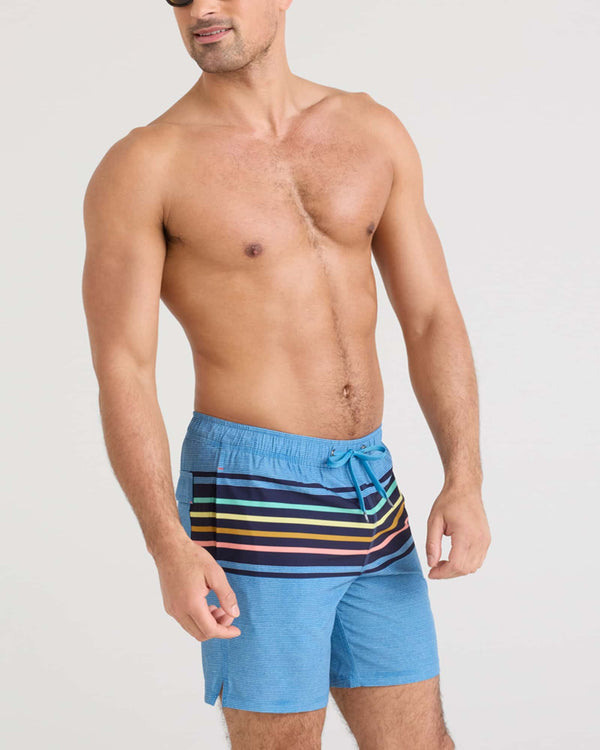 Front - Model wearing Oh Buoy 2N1 Swim Short in Bold Stripe-Lake Blue