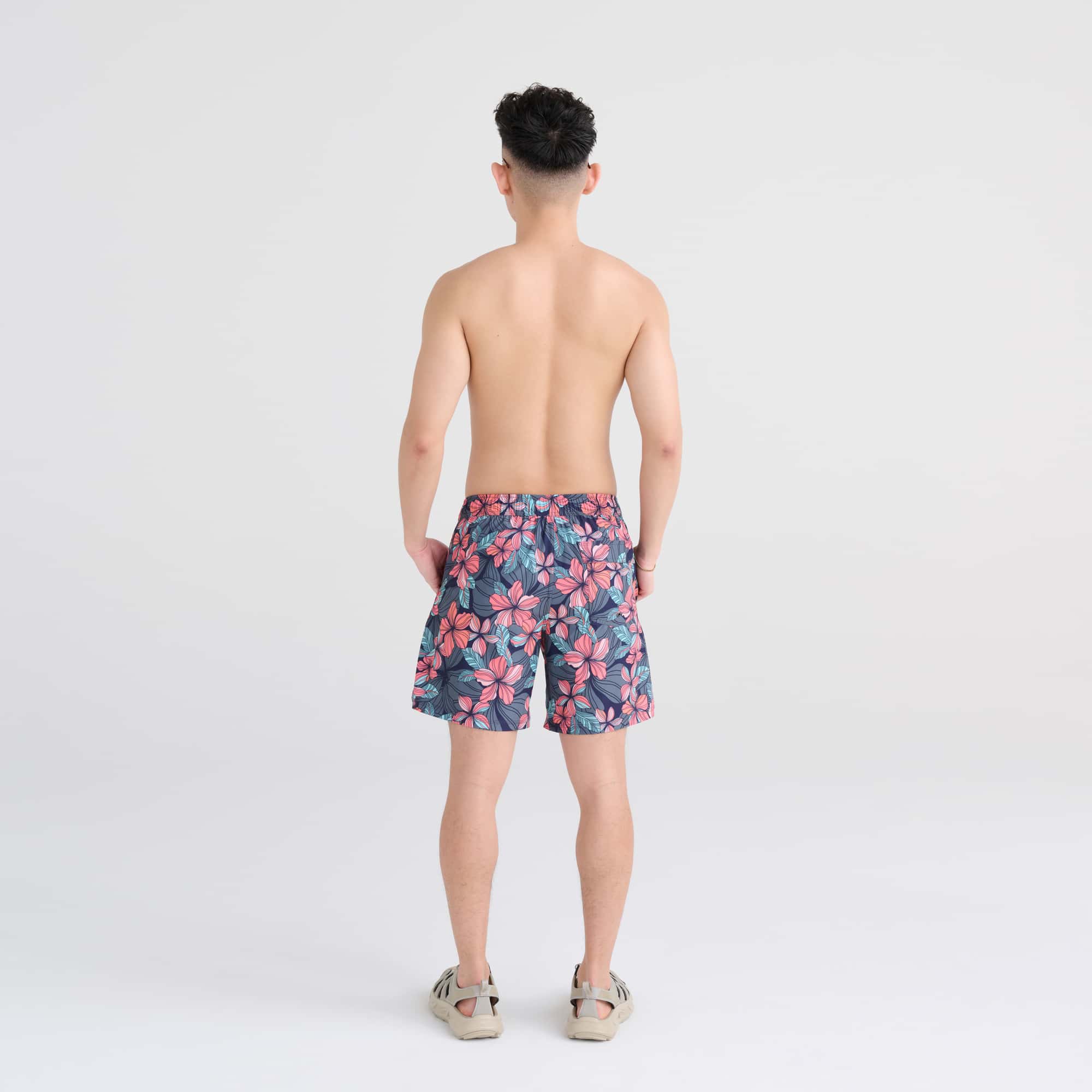 Back - Model wearing Oh Buoy 2N1 Swim Trunk 7" in Deep Jungle- Maritime