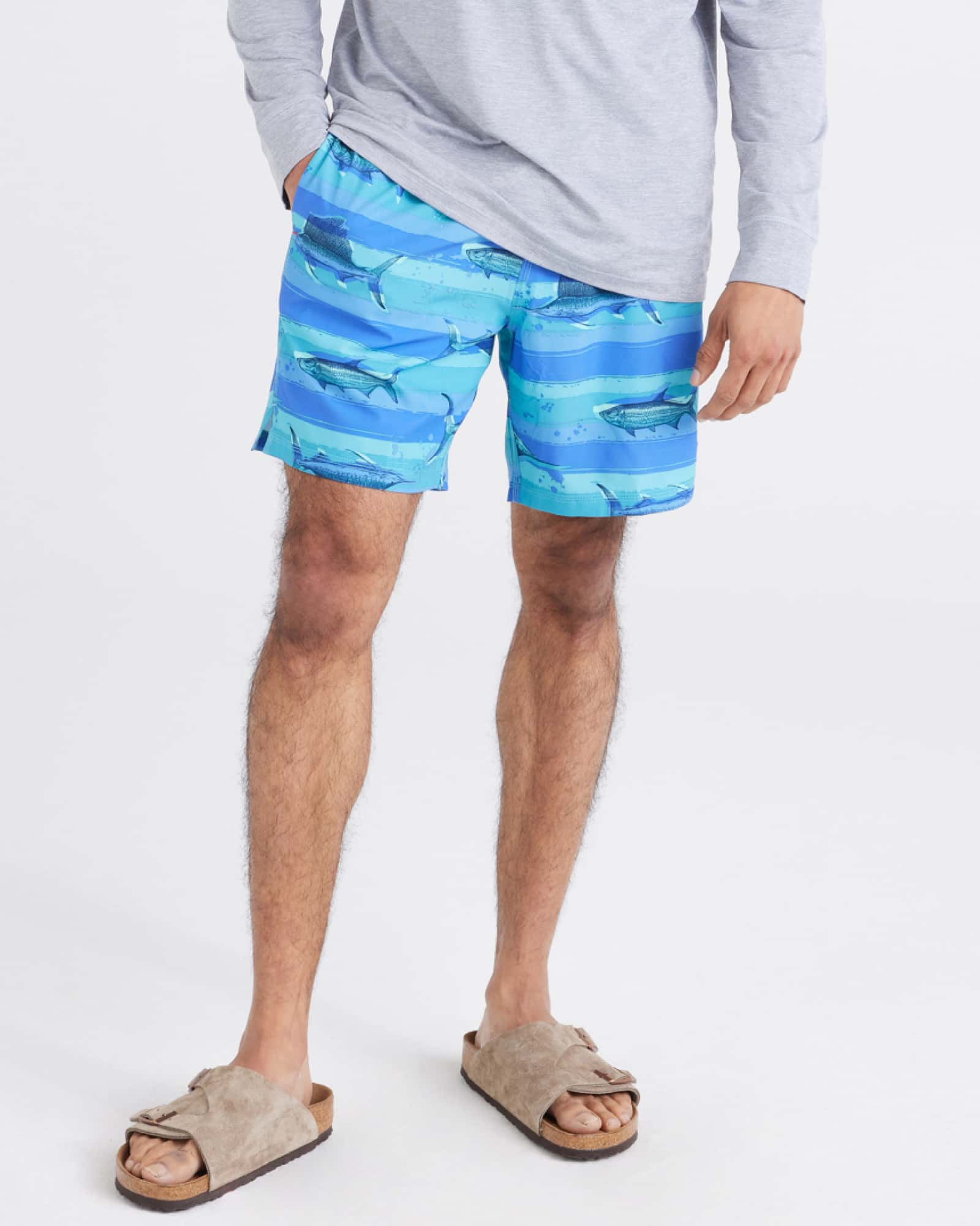 Front - Model wearing  Oh Buoy 2N1 Swim Short Regular in Fish On-Blue Moon