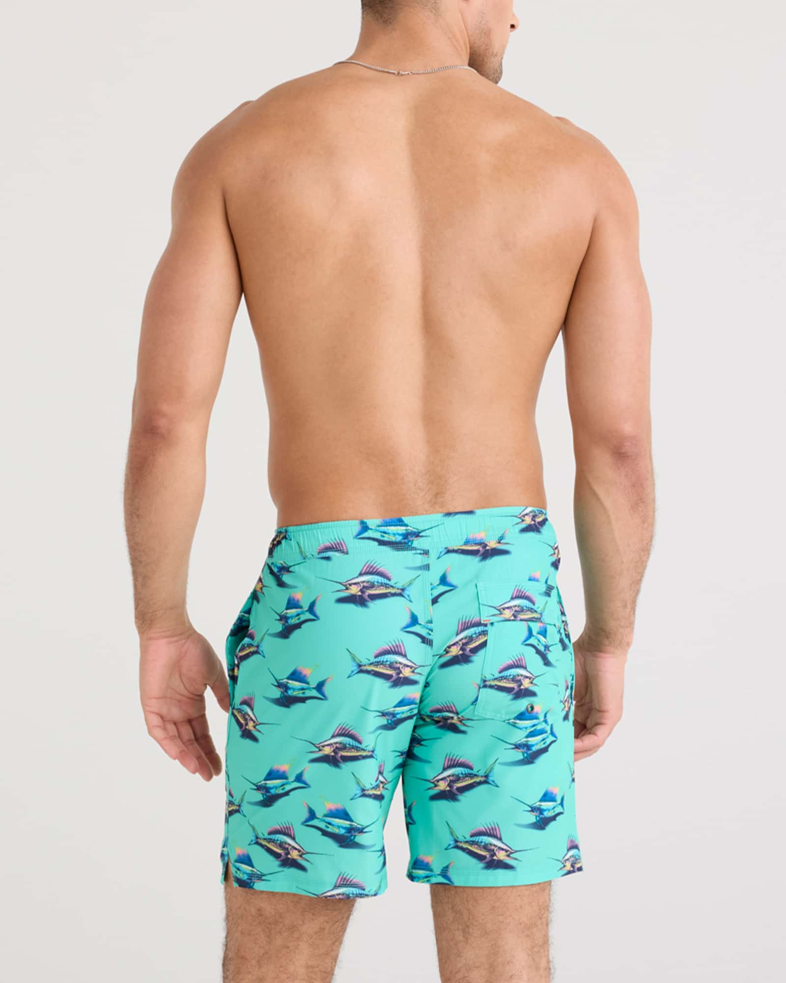 Back - Model wearing Oh Buoy 2N1 Swim Short in Great Catch-Surf Blue