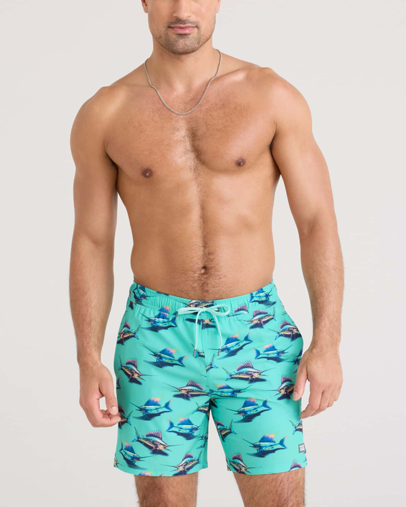 Front - Model wearing Oh Buoy 2N1 Swim Short in Great Catch-Surf Blue