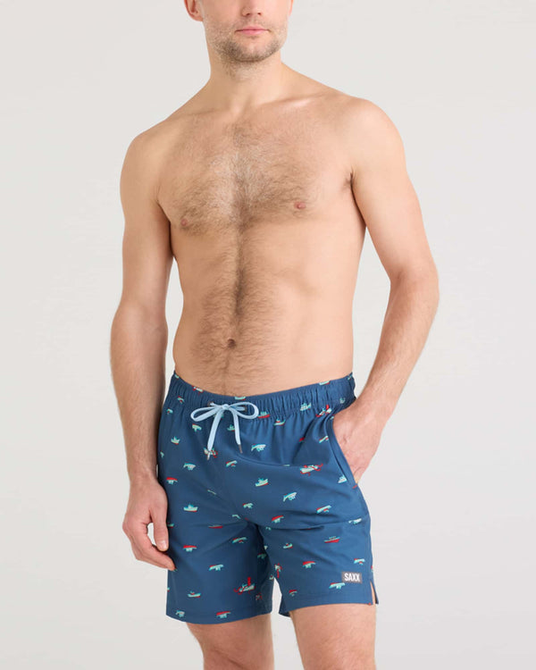 Front - Model wearing Oh Buoy 2N1 Swim Volley 7" in Let's Get Kraken-Dark Denim