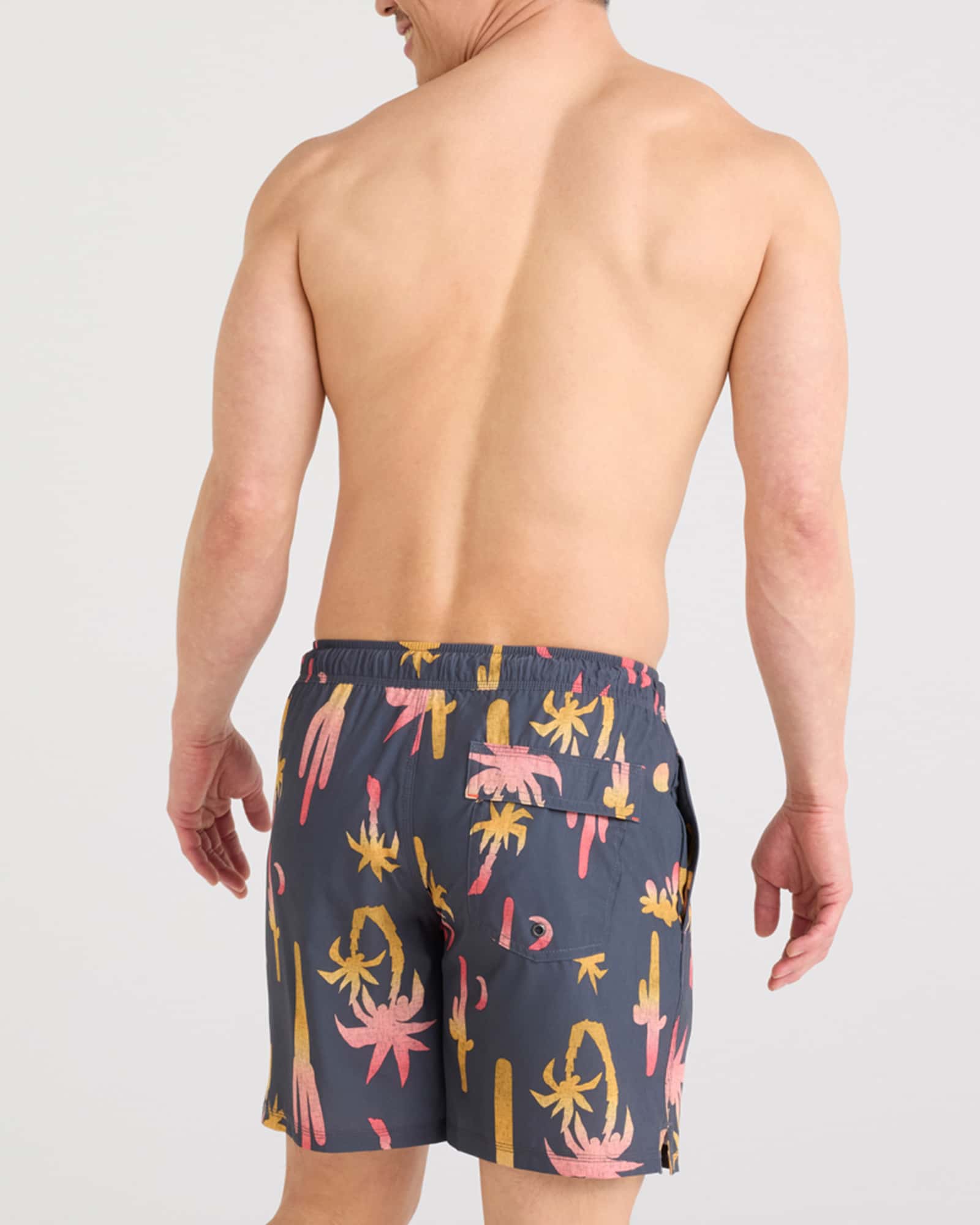 Back - Model wearing Oh Buoy 2N1 Swim Volley 7" in Oasis-Ebony