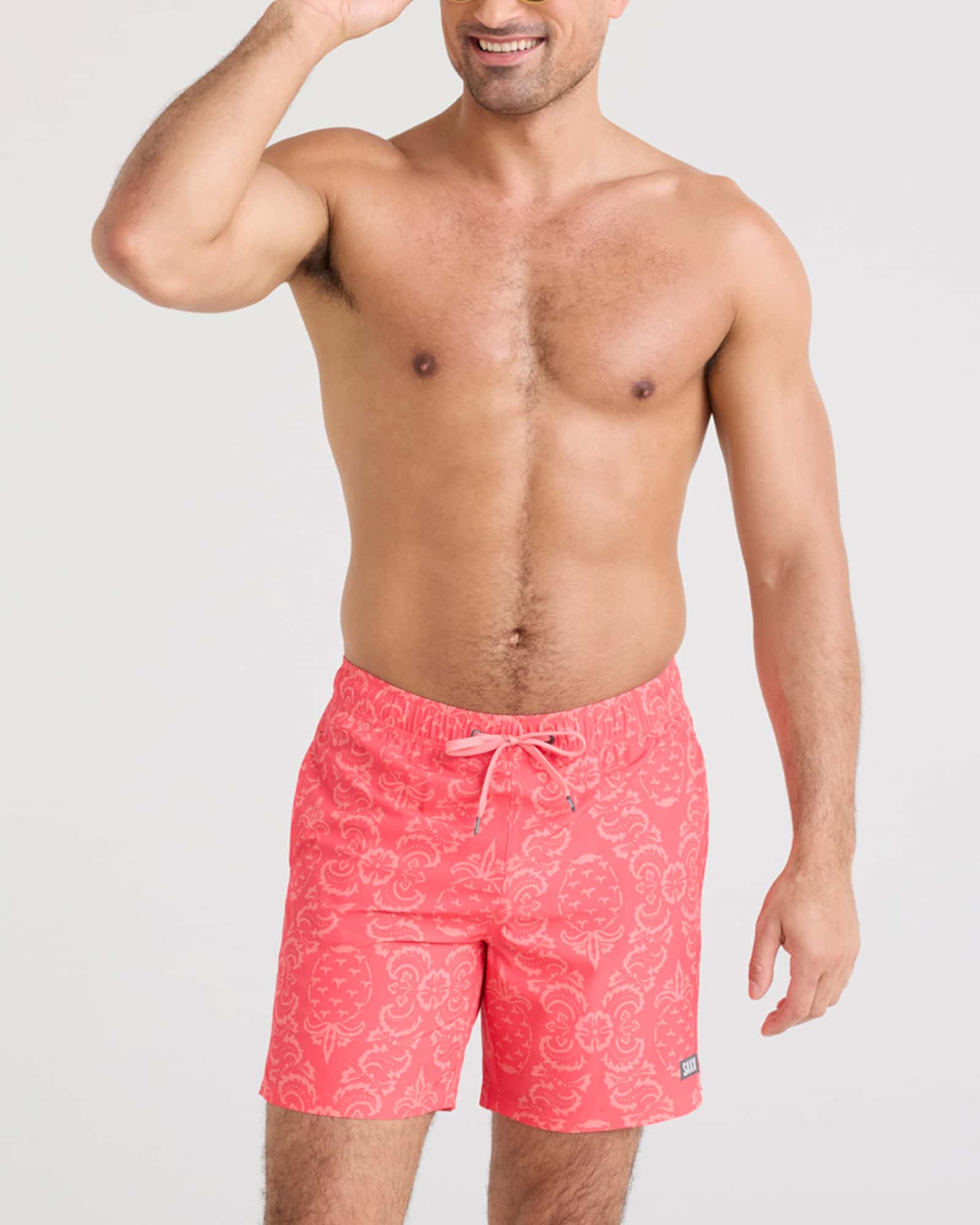 Front - Model wearing Oh Buoy 2N1 Swim Short in Pineapple Brocade-Hibiscus