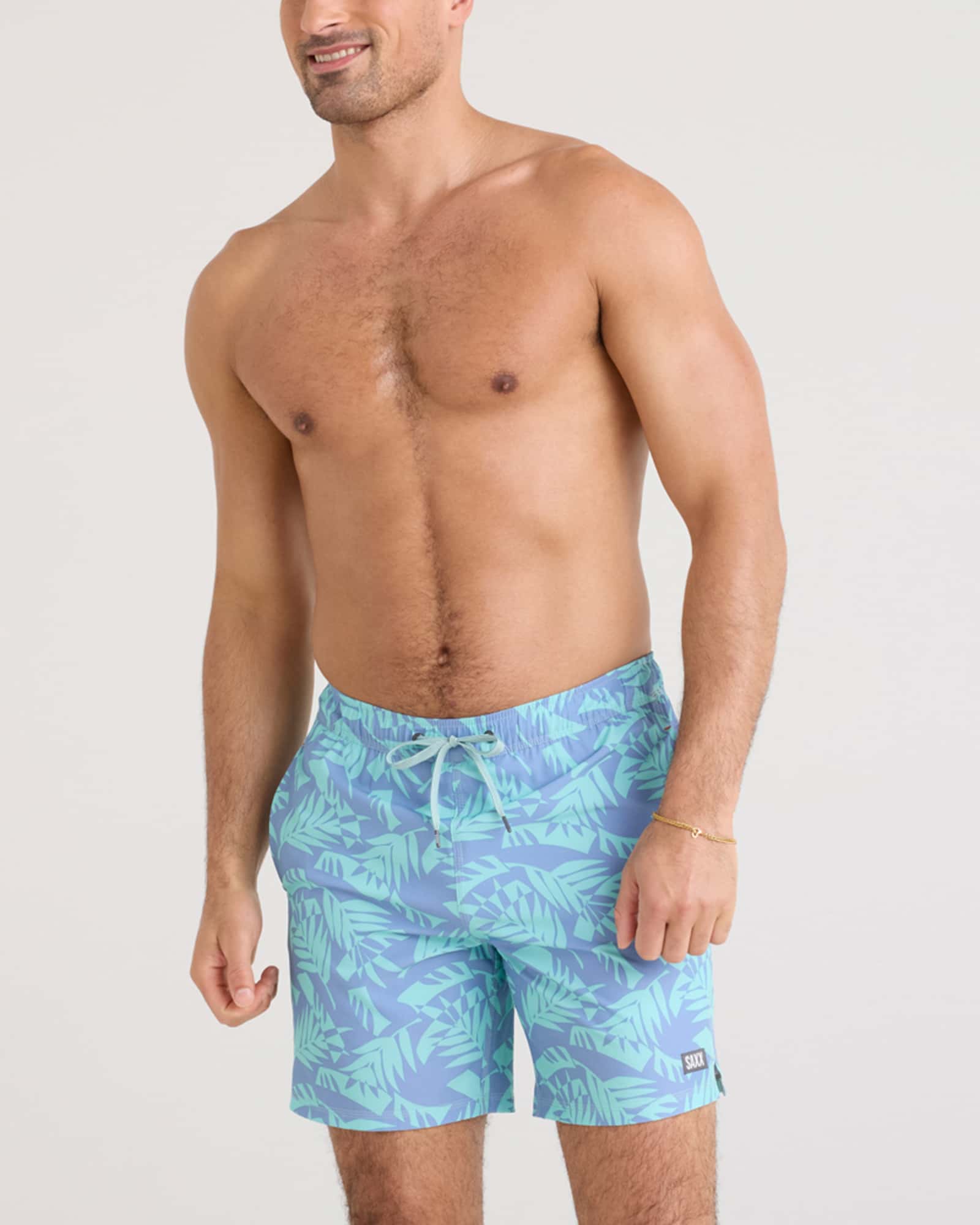 Front - Model wearing Oh Buoy 2N1 Swim Volley 7" in Palm Frond-Tidal Blue