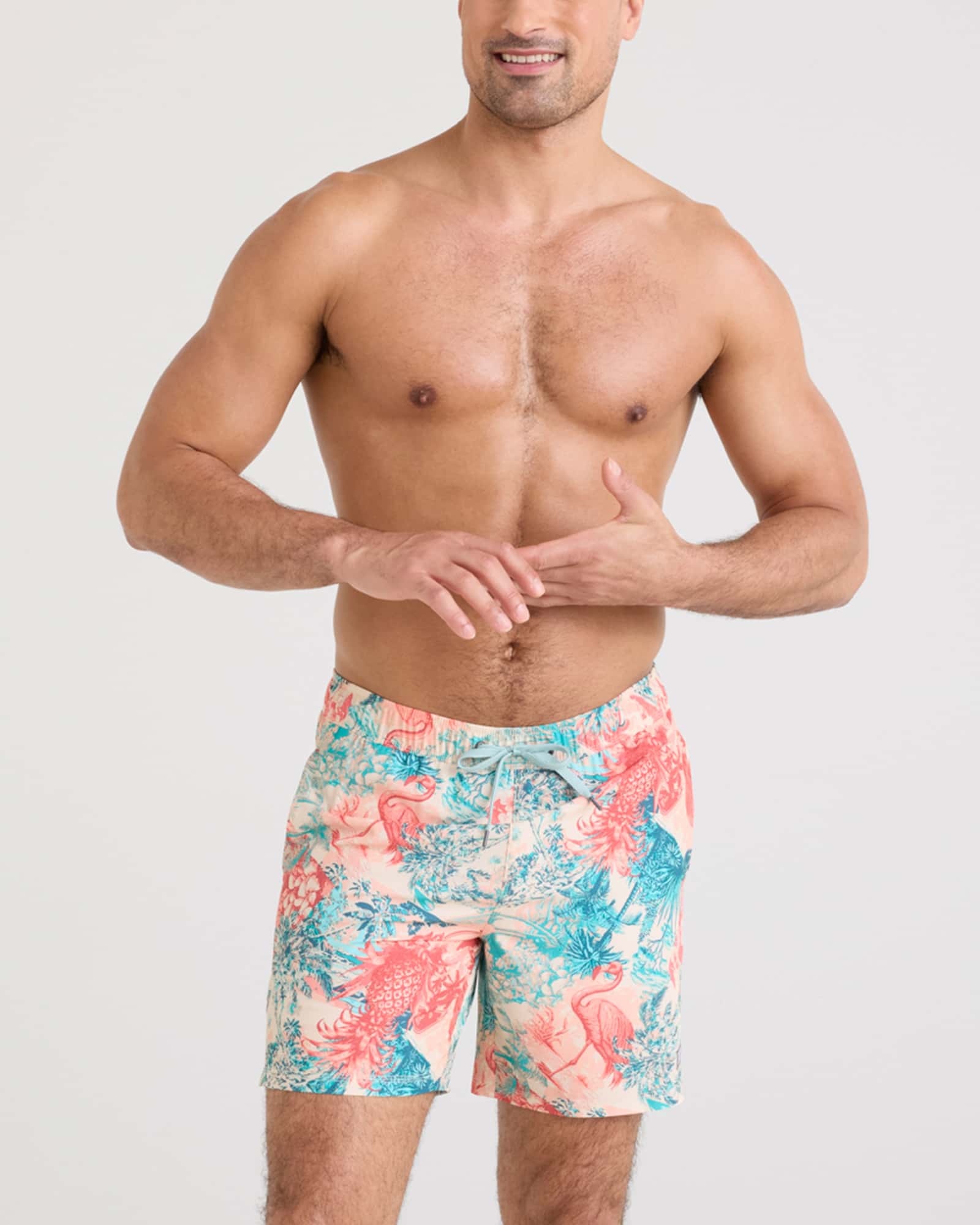 Front - Model wearing Oh Buoy 2N1 Swim Volley 7" in Vacation Collage-Chalk