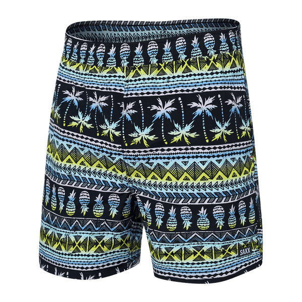 Front of Go Coastal 2N1 Swim Volley 5" Inseam in Pina Stripe- Black Multi