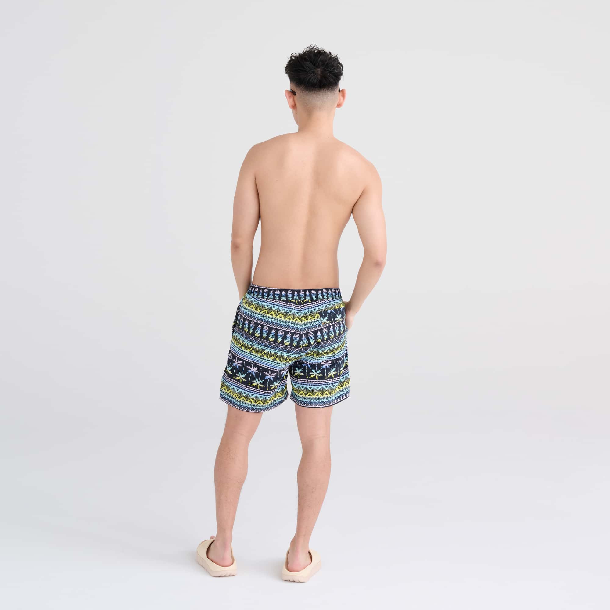 Back - Model wearing Go Coastal 2N1 Swim Volley 5" Inseam in Pina Stripe- Black Multi