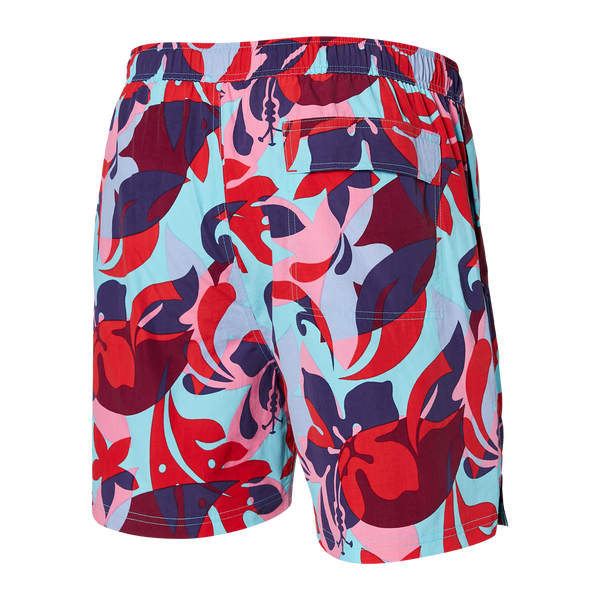 Back of Go Coastal 2N1 Swim Classic Volley 5" in Tropical Lens- Red Multi